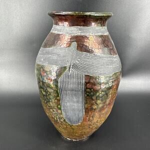 Raku Pottery Artist Signed Iridescent and Textured Vase Iridescent Glaze